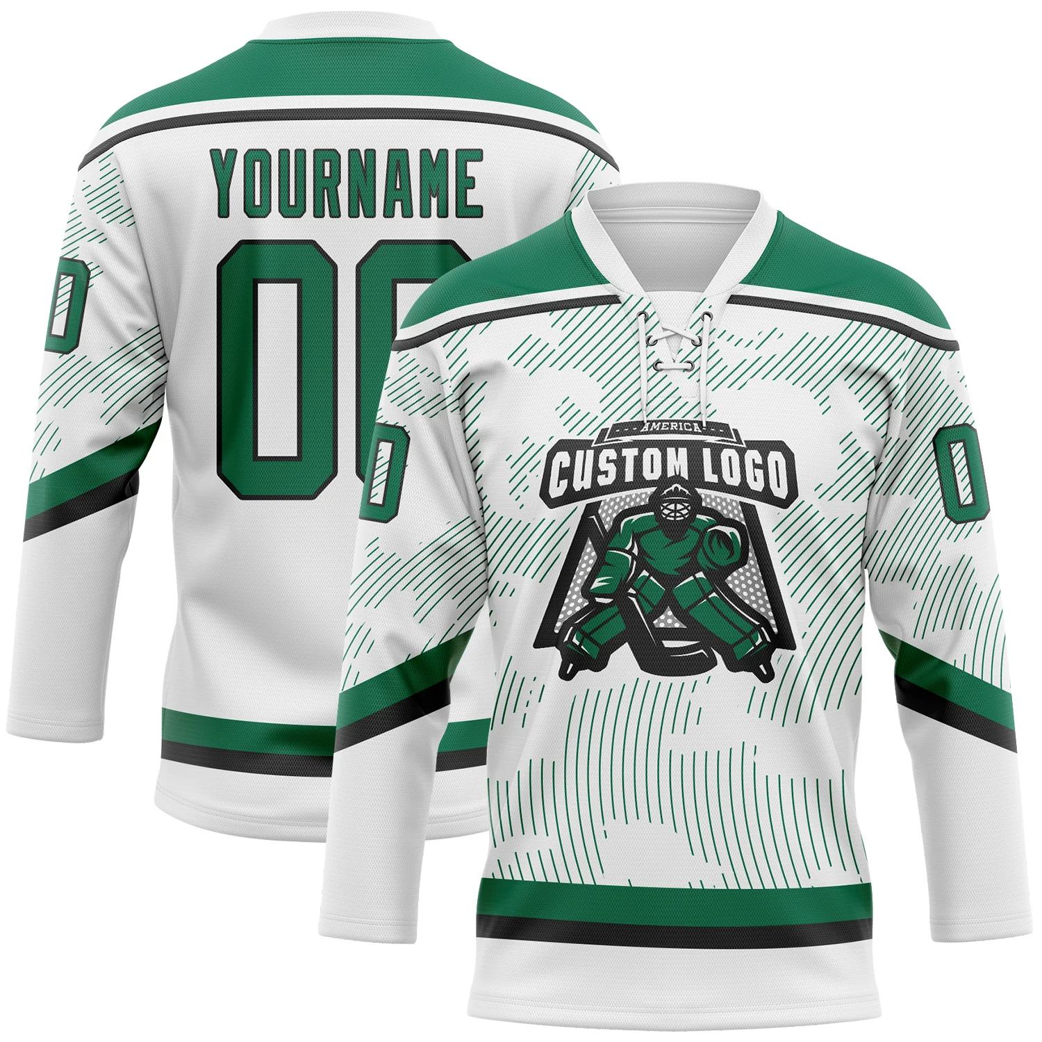 Custom White Kelly Green-Black 3D Pattern Curve Lines Hockey Lace Neck Jersey
