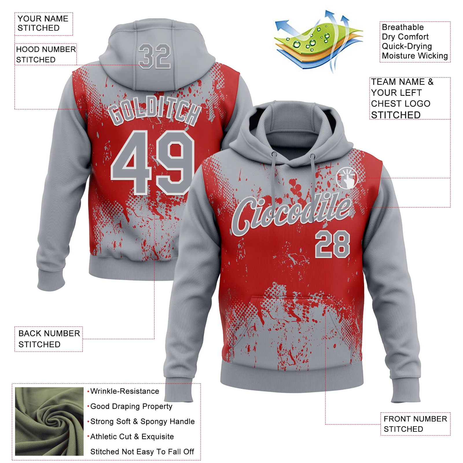 Custom Stitched Gray Red-White 3D Pattern Design Abstract Splatter Grunge Art Sports Pullover Sweatshirt Hoodie