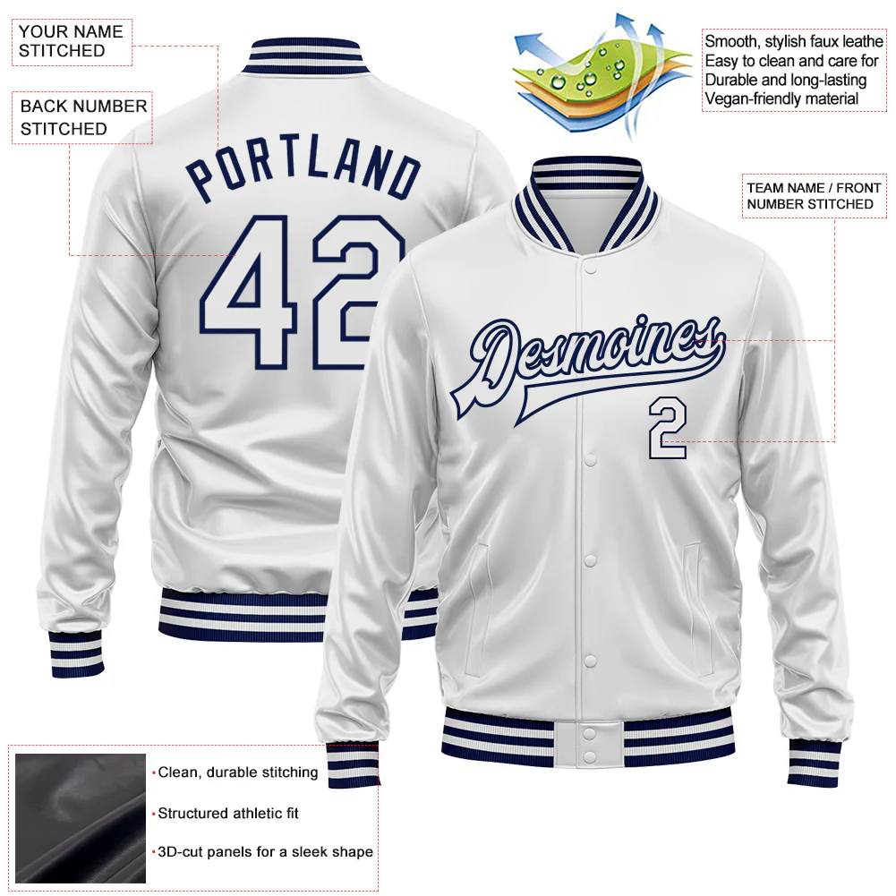 Custom White White-Navy Bomber Full-Snap Varsity Faux Leather Letterman Jacket