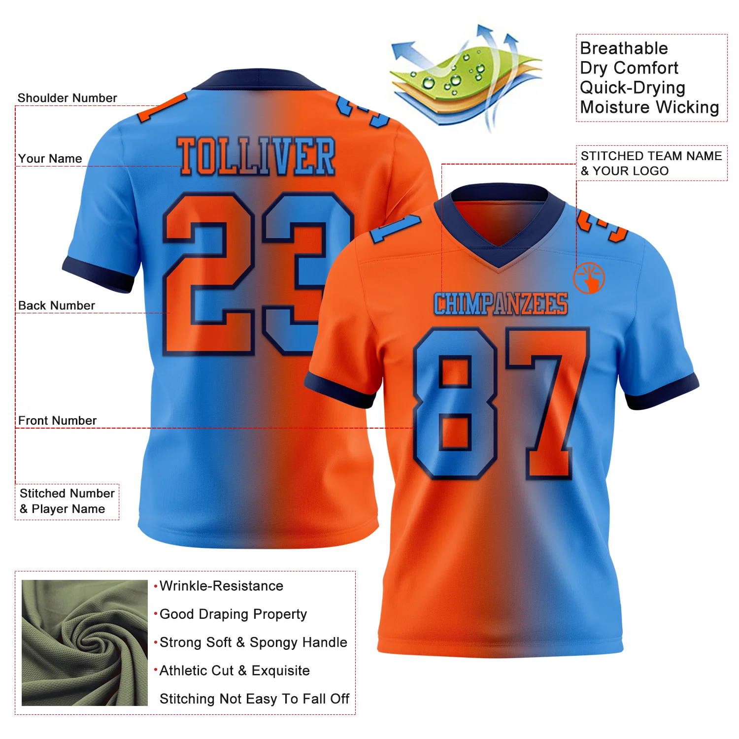 Custom Powder Blue Orange-Navy Authentic Gradient Fashion Football Jersey