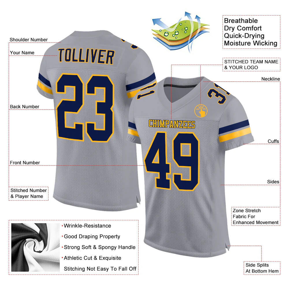 Custom Light Gray Navy-Gold Mesh Authentic Football Jersey