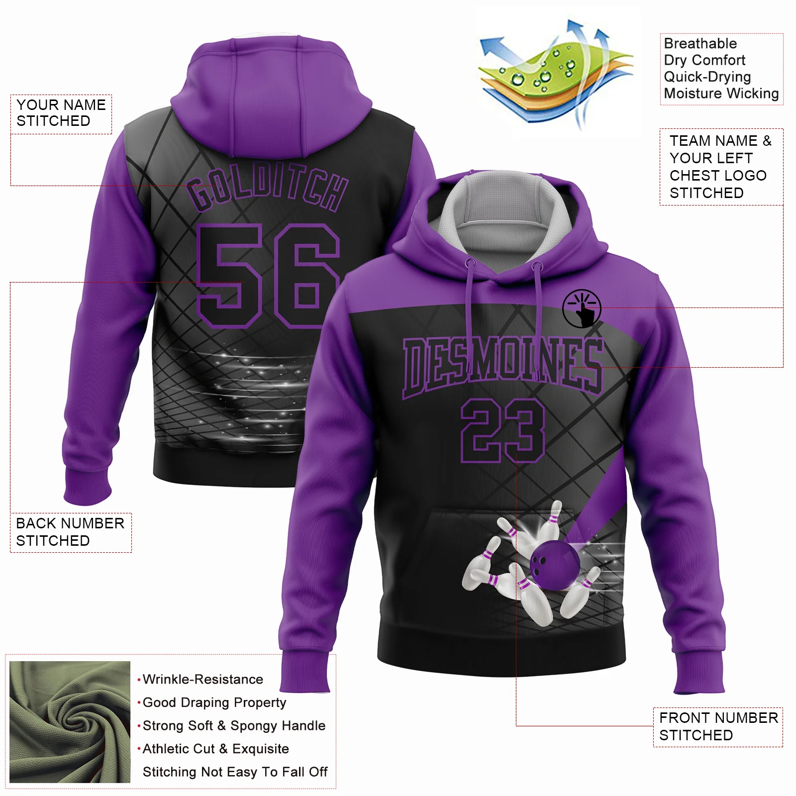 Custom Black Purple 3D Bowling Sports Pullover Sweatshirt Hoodie