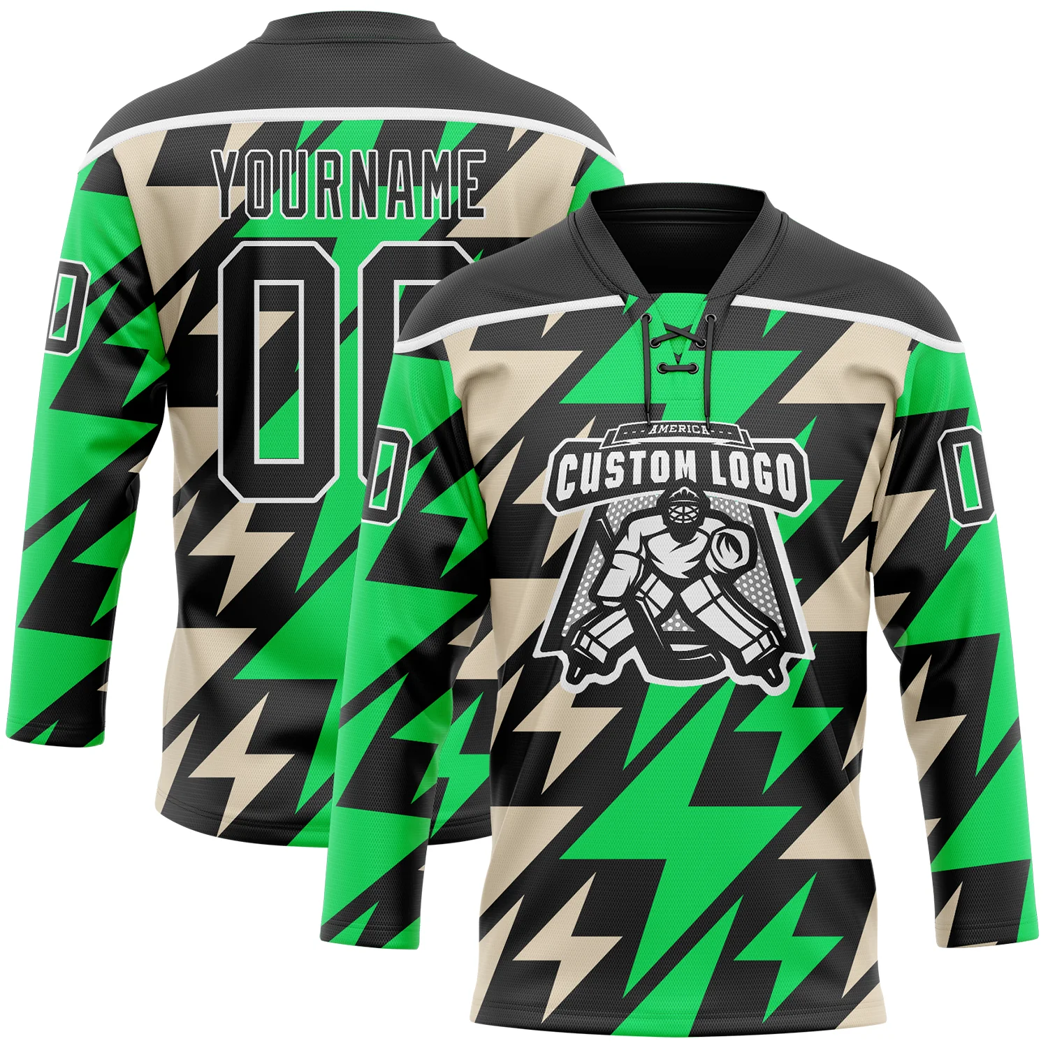 Custom Black Green Cream-White 3D Pattern Lightning Hockey Lace Neck Jersey