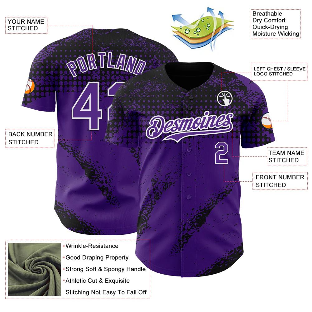 Custom Black Purple-White 3D Pattern Design Splash Grunge Fragment Authentic Baseball Jersey