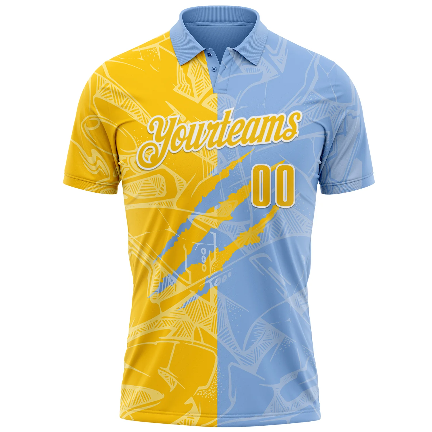 Custom Graffiti Pattern Yellow Light Blue-White 3D Scratch Performance Polo Shirt