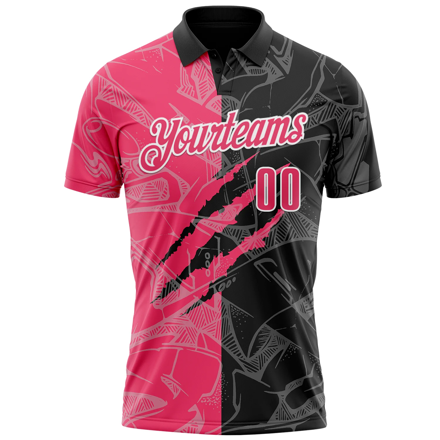 Custom Graffiti Pattern Neon Pink Black-White 3D Scratch Performance Polo Shirt