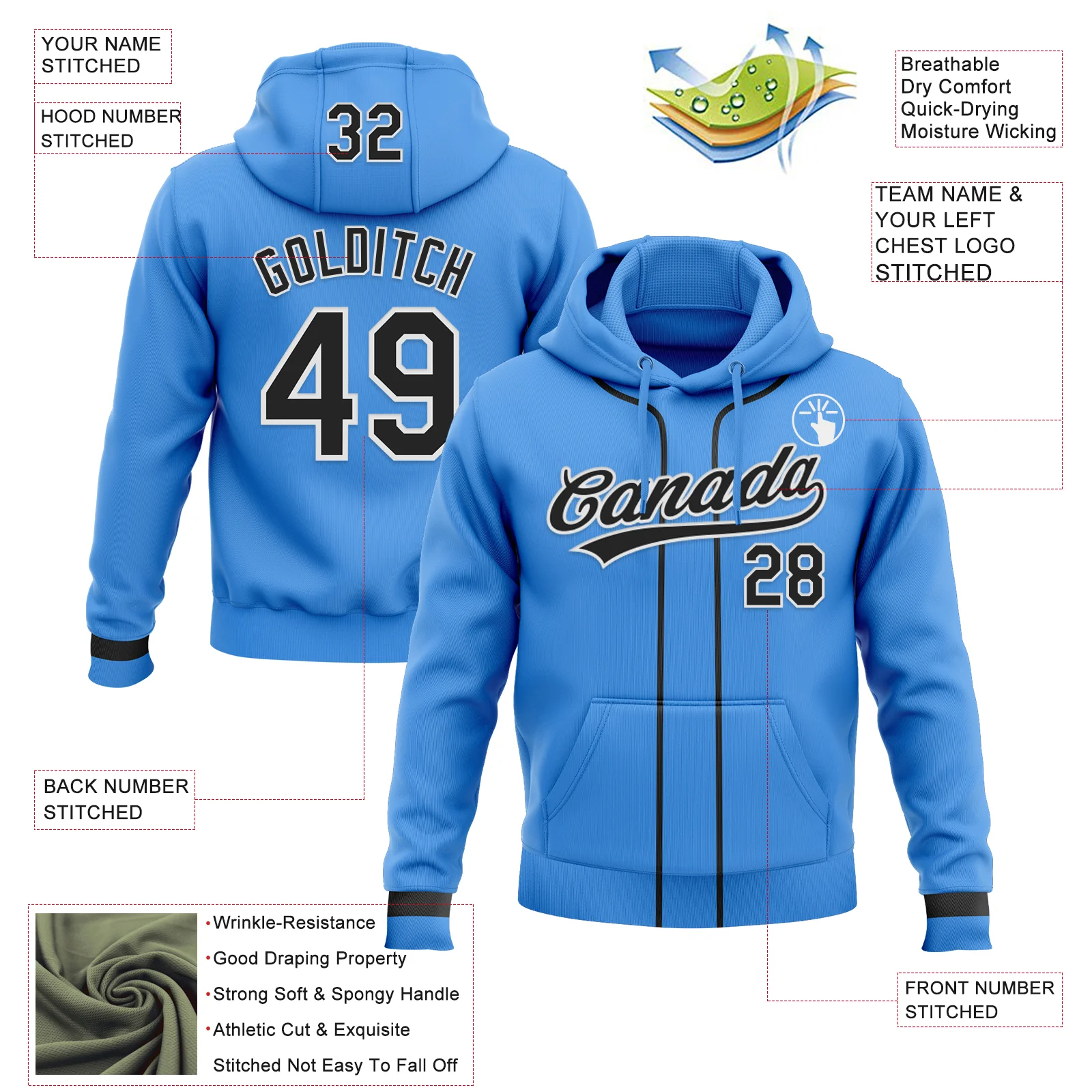 Custom Stitched Powder Blue Black-White Baseball Pullover Sweatshirt Hoodie