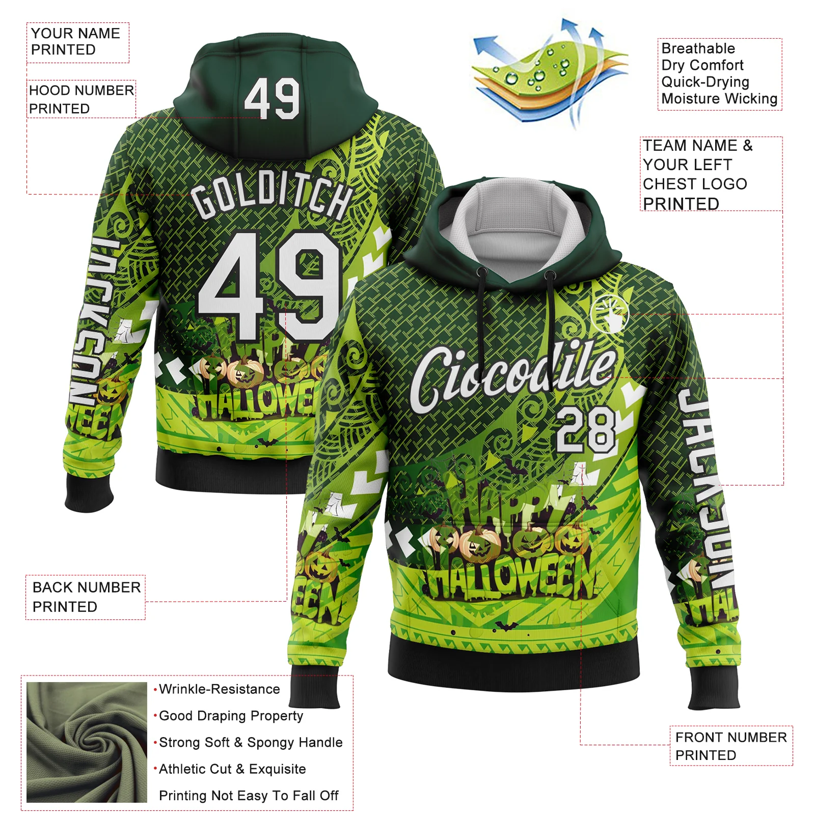 Custom Green White-Black 3D Halloween Spooky Sportswear Sports Pullover Sweatshirt Hoodie