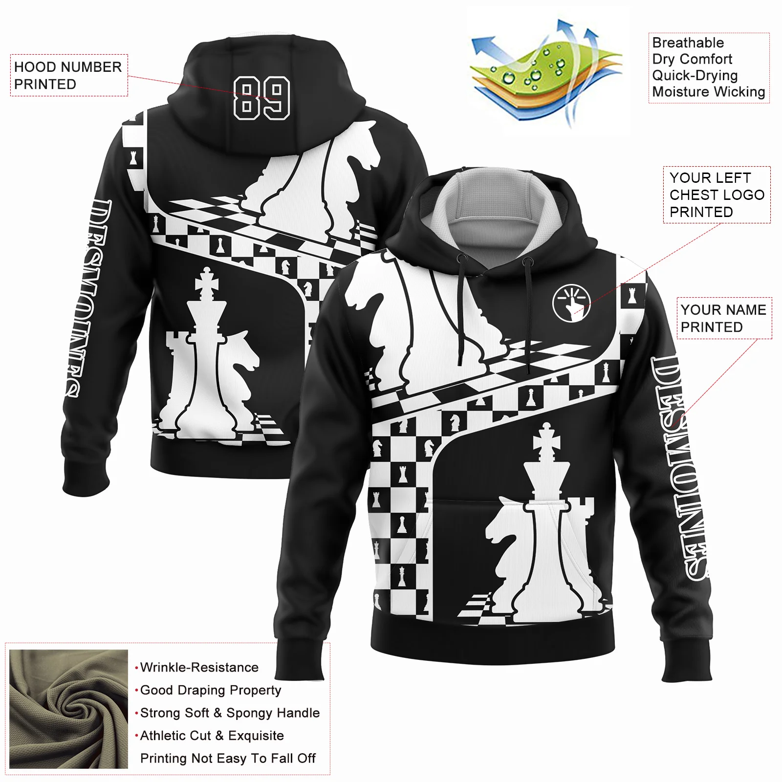 Custom Black White 3D Chess International Chess Day Sports Pullover Sweatshirt Hoodie