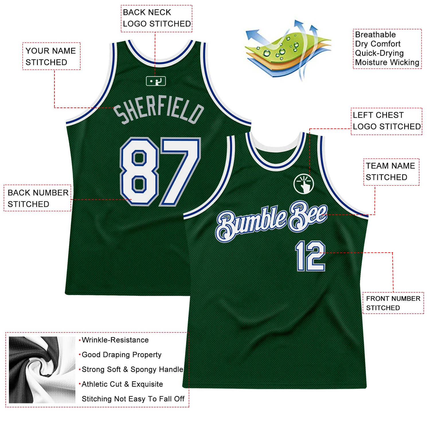 Custom Green White Royal-Gray Authentic Throwback Basketball Jersey