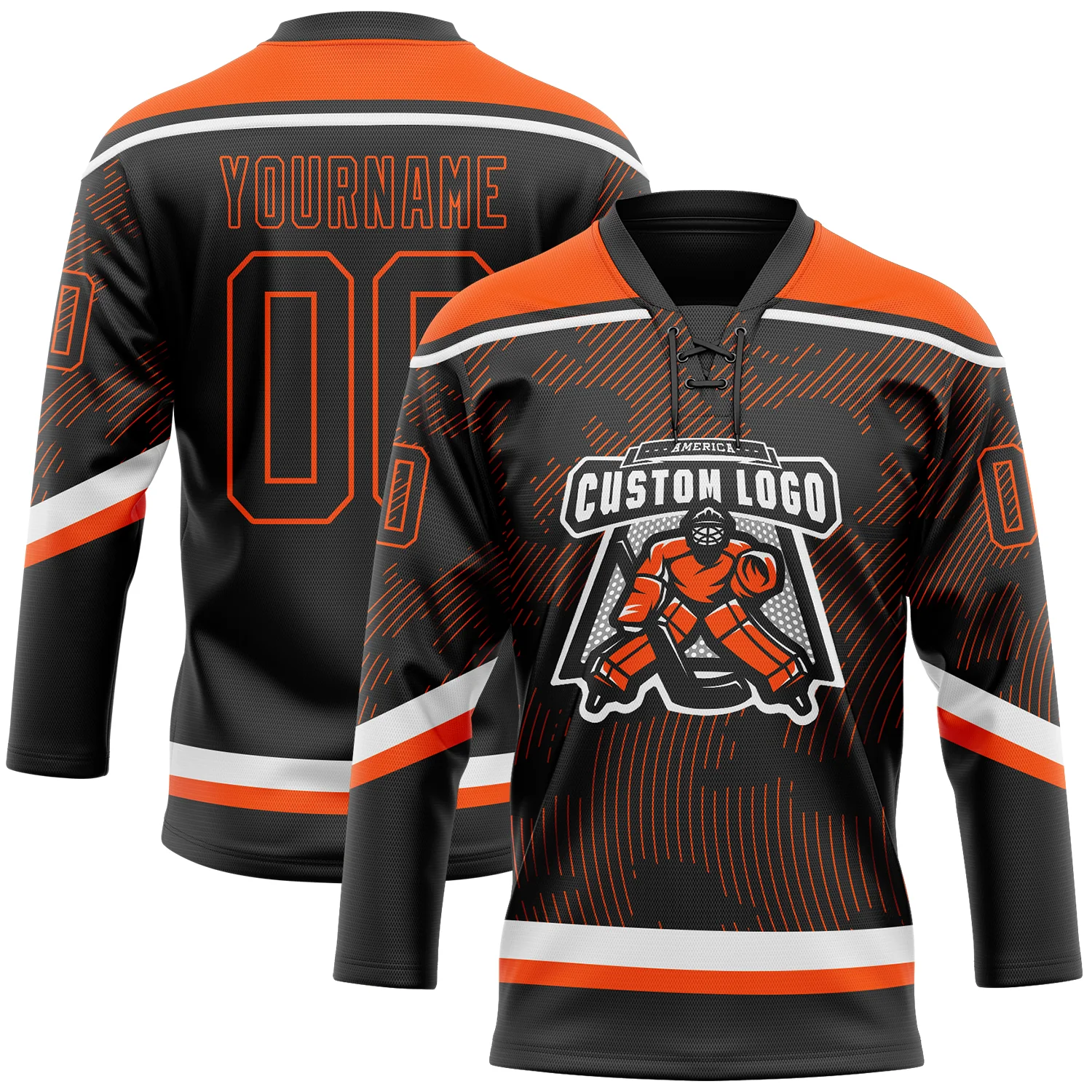 Custom Black Orange-White 3D Pattern Curve Lines Hockey Lace Neck Jersey