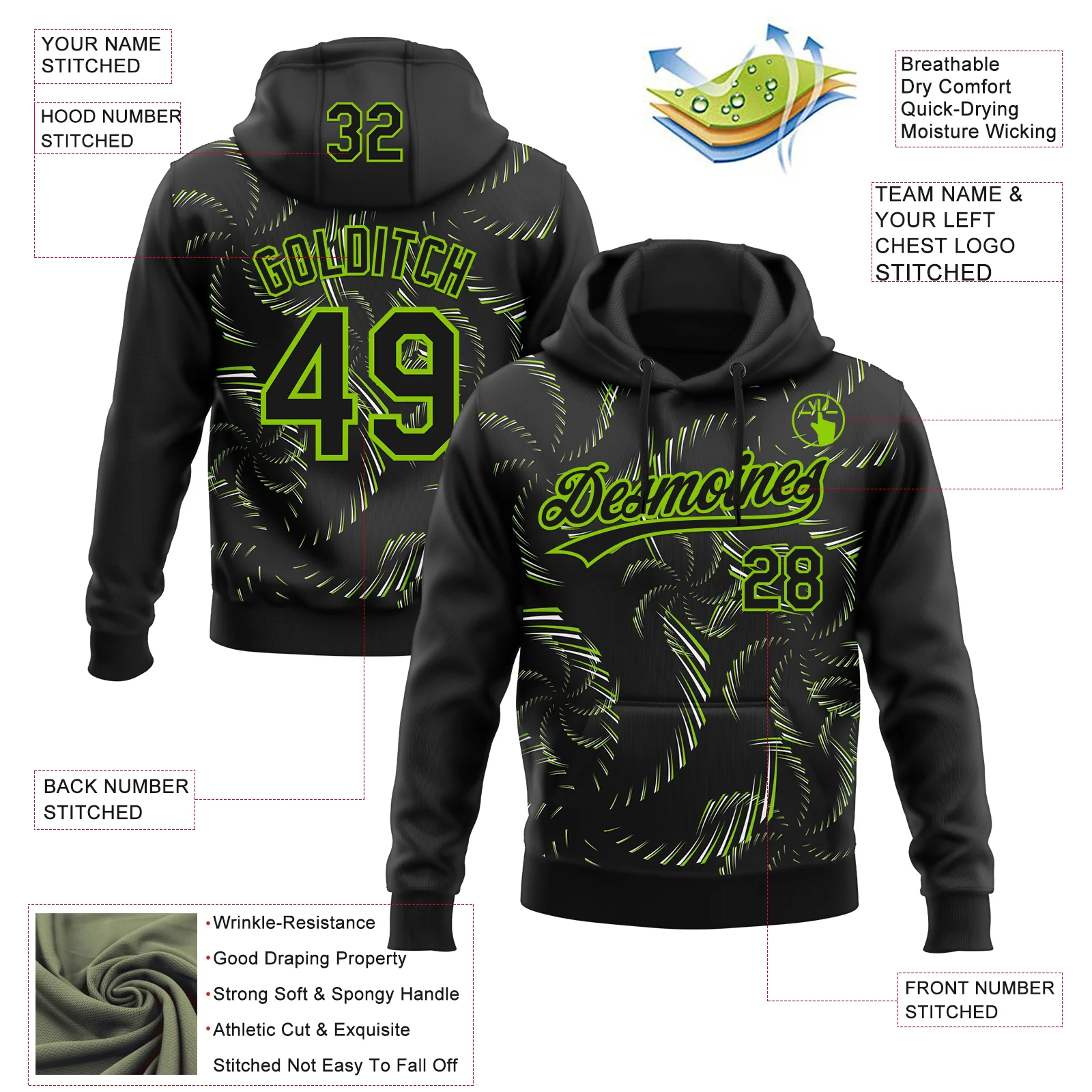 Custom Stitched Black Neon Green-White 3D Pattern Design Line Sportswear Pullover Sweatshirt Hoodie