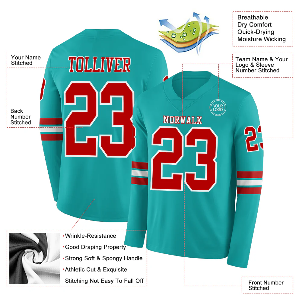 Custom Aqua Red-White Long Sleeve Authentic Football Jersey