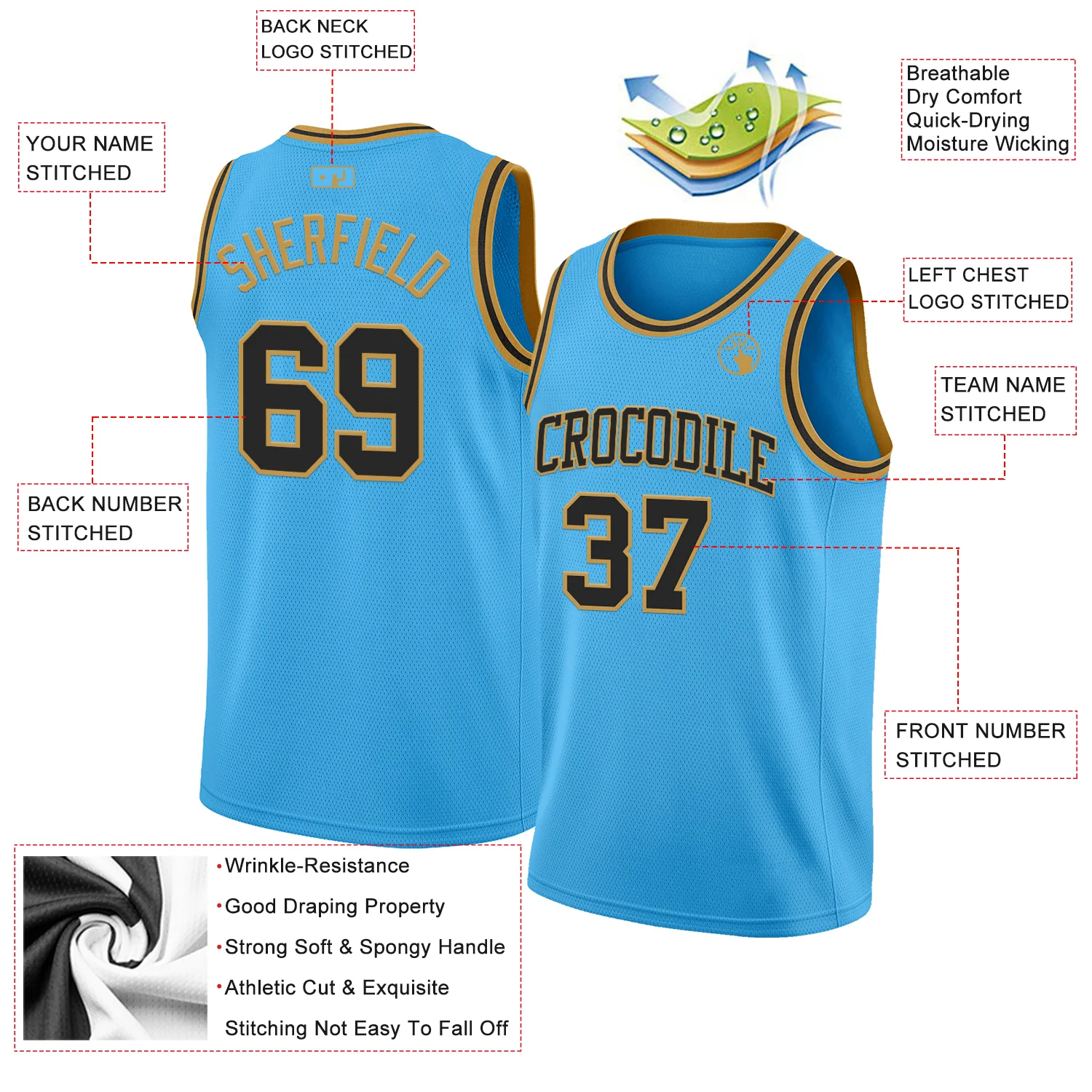 Custom Sky Blue Black-Old Gold Authentic Basketball Jersey