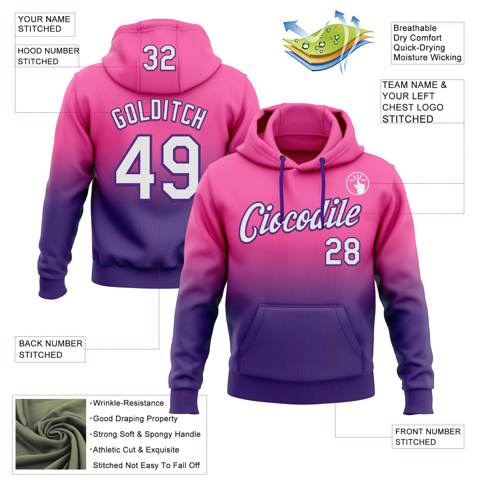 Custom Stitched Pink White-Purple Fade Fashion Sports Pullover Sweatshirt Hoodie