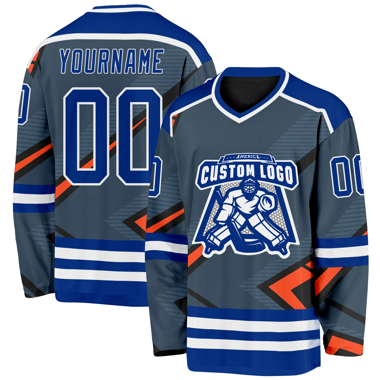 Custom Gray Royal Orange Black-White 3D Pattern Cyber Mecha E-sport Hockey Jersey
