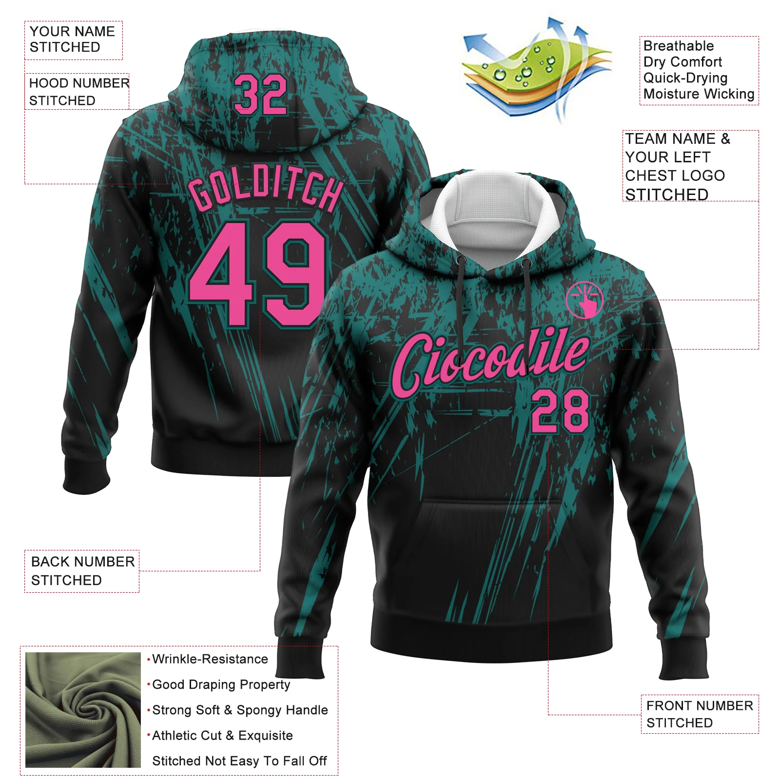 Custom Stitched Black Pink-Teal 3D Pattern Design Splash Grunge Art Sports Pullover Sweatshirt Hoodie