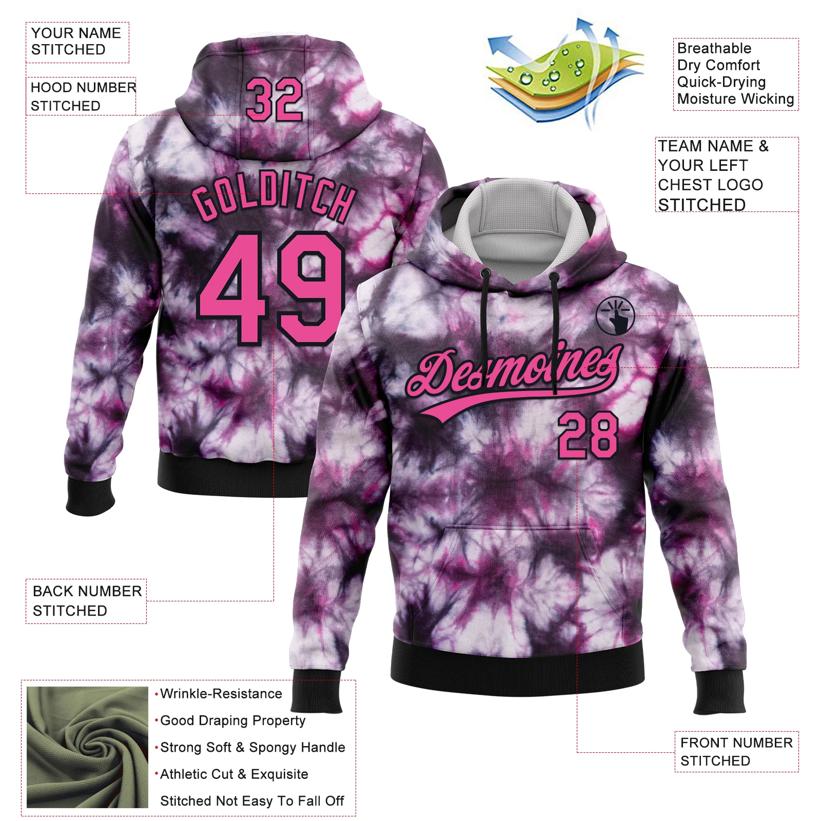 Custom Stitched Tie Dye Pink-Black 3D Sports Pullover Sweatshirt Hoodie