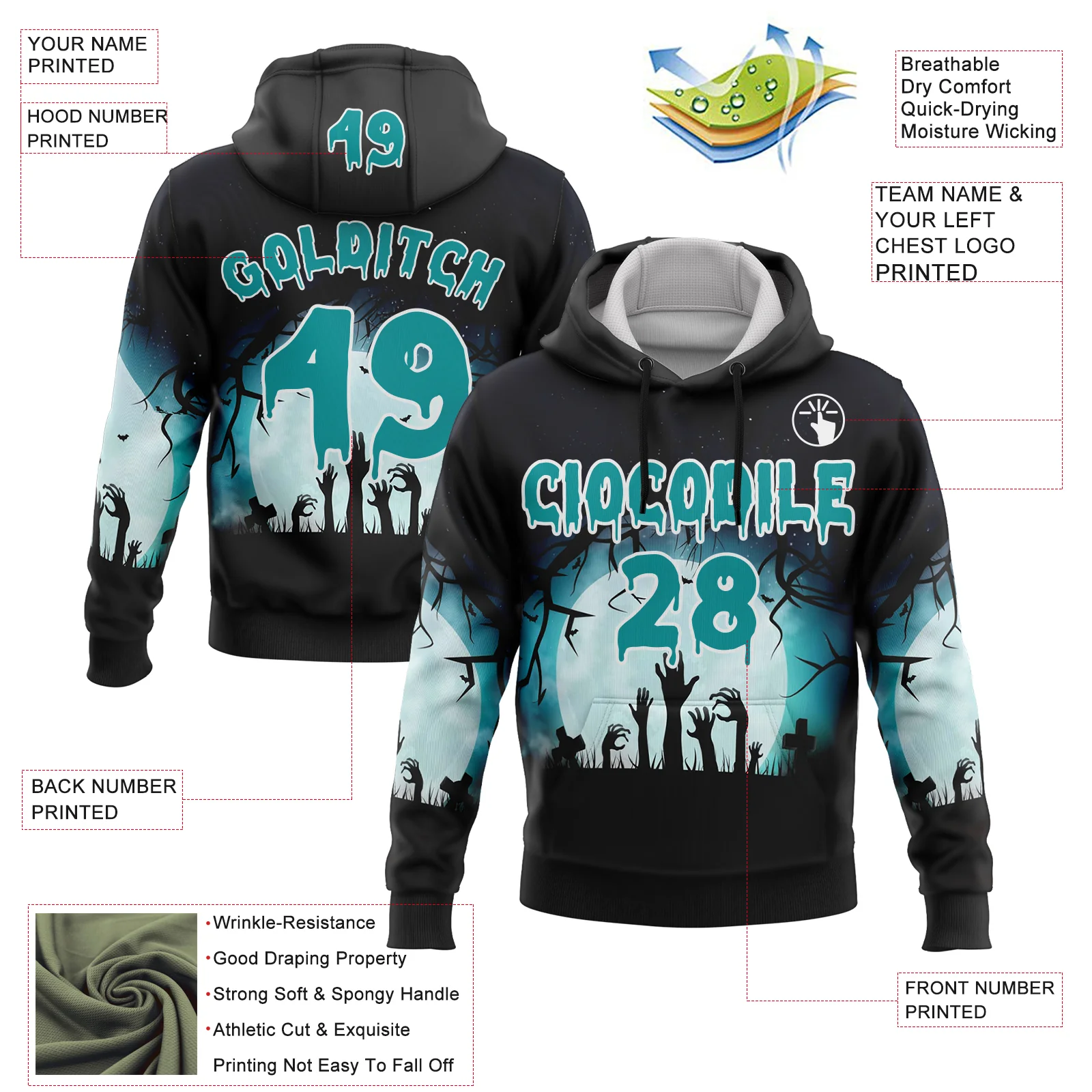 Custom Black Teal-White 3D Halloween Zombies Spooky Sports Pullover Sweatshirt Hoodie