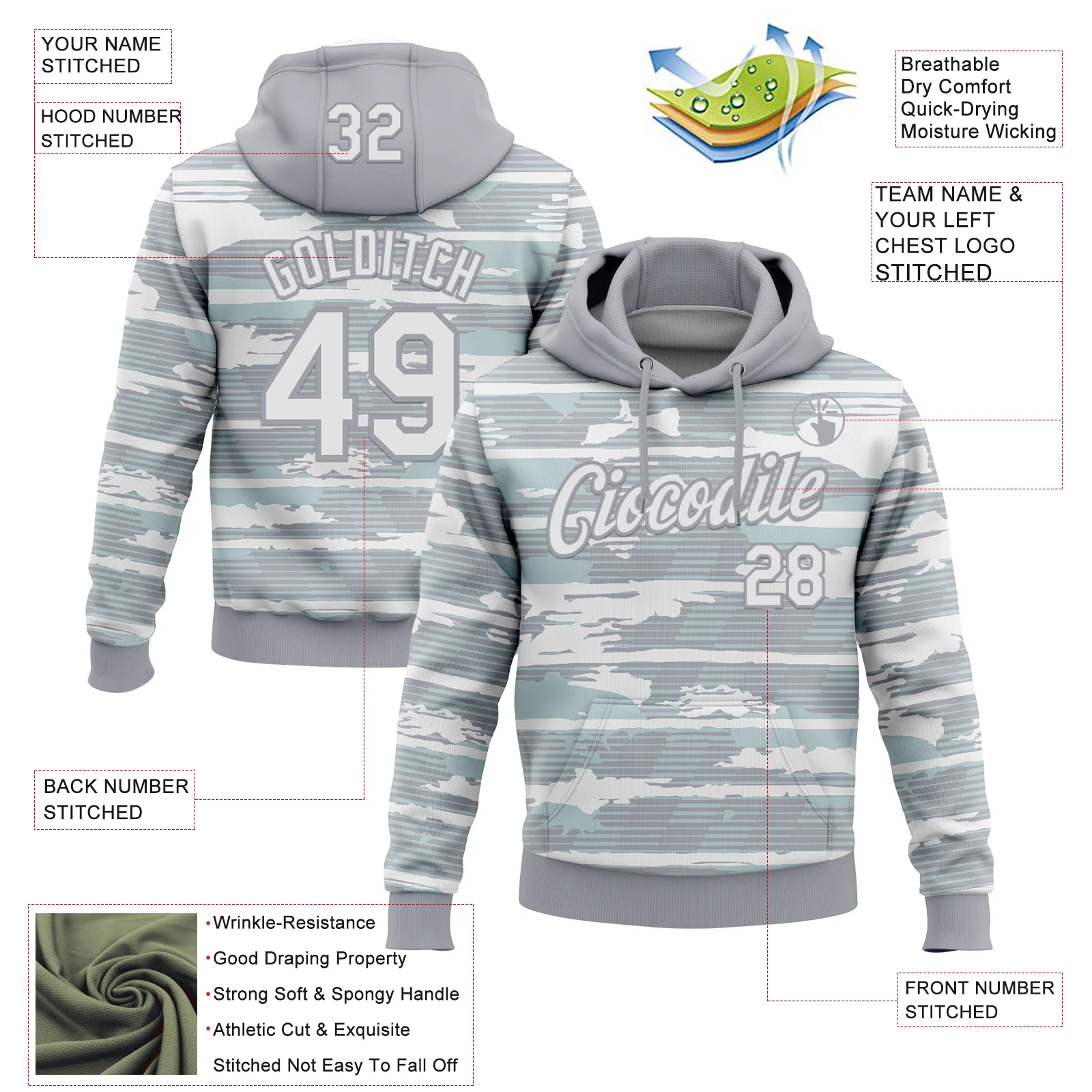 Custom Stitched Gray White 3D Pattern Design Line Sports Pullover Sweatshirt Hoodie
