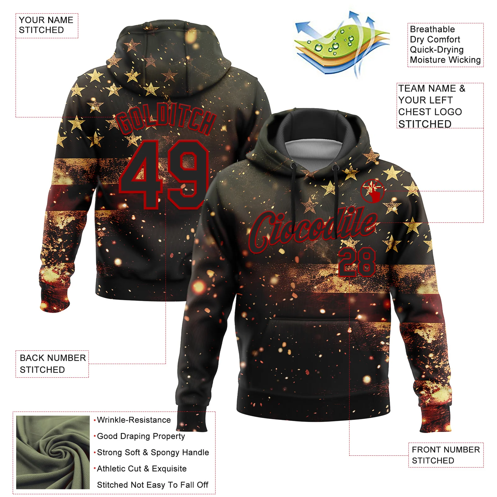 Custom Stitched Black Red 3D American Flag Retro Distressed Sparkle Grunge Sports Pullover Sweatshirt Hoodie