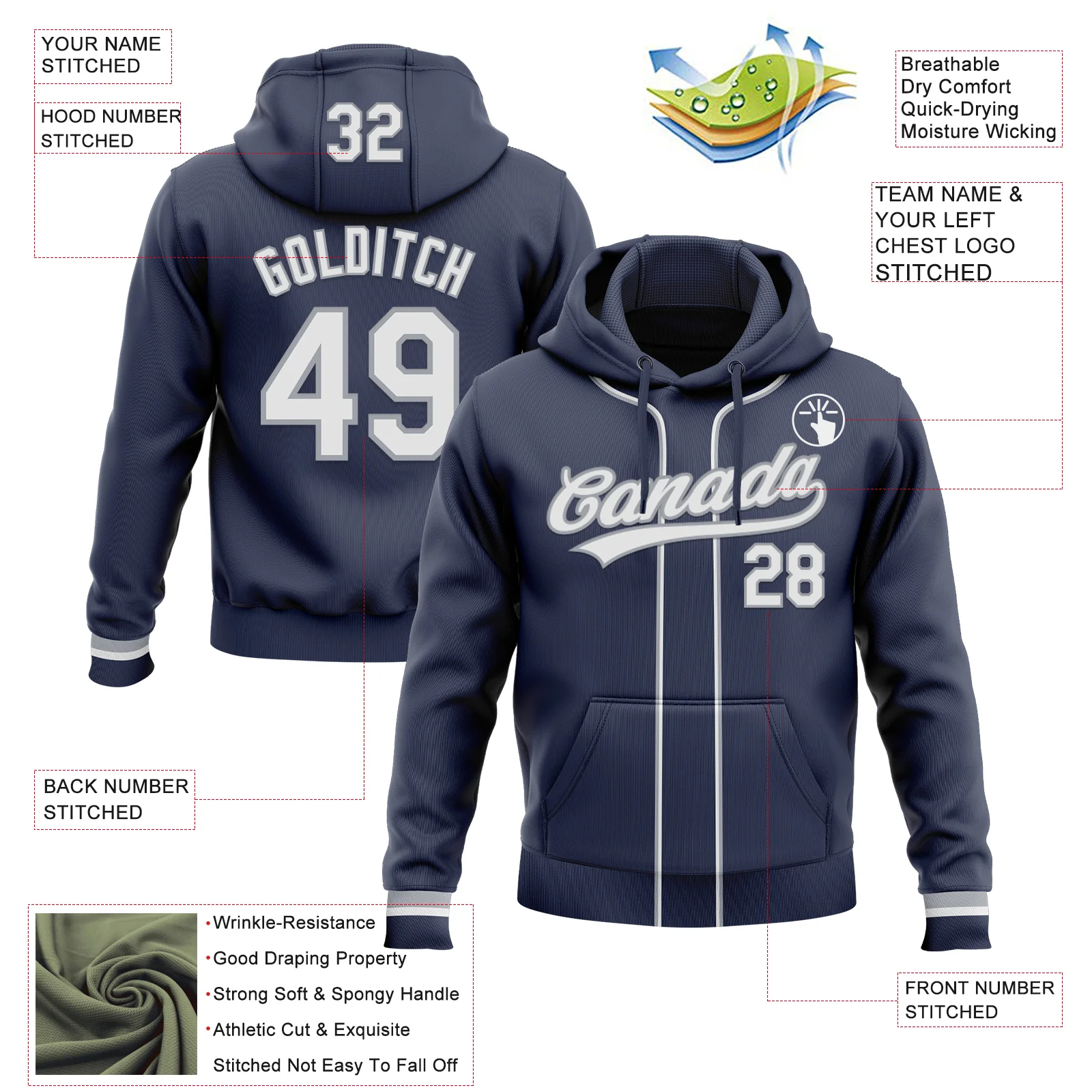 Custom Stitched Navy White-Gray Baseball Pullover Sweatshirt Hoodie