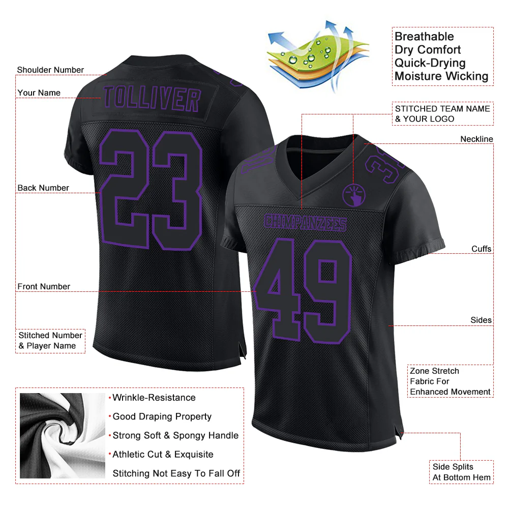 Custom Black Purple Mesh Authentic Football Jersey