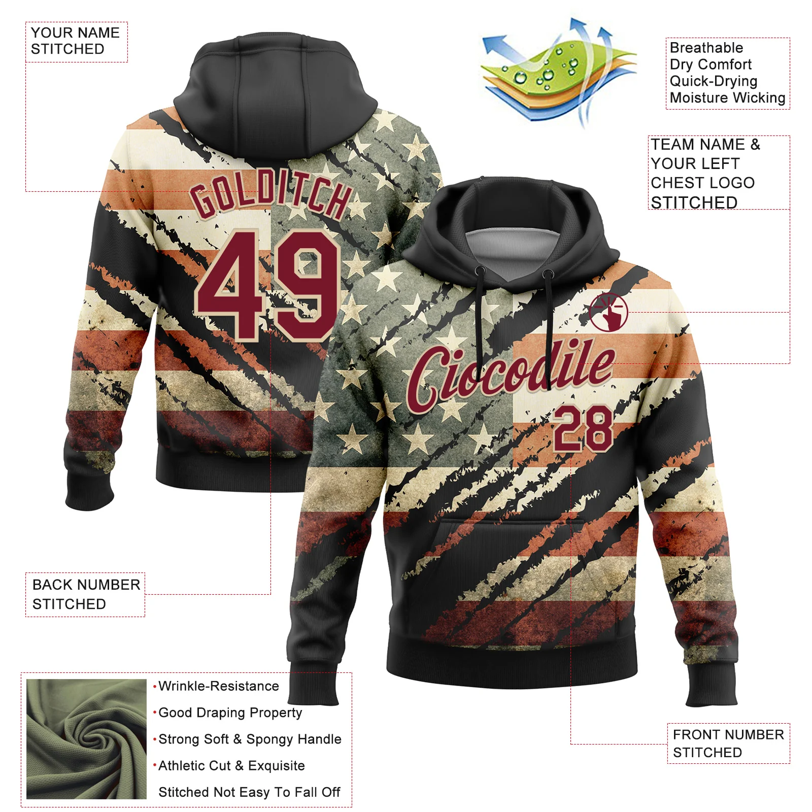 Custom Stitched Black Crimson-City Cream 3D American Flag Retro Distressed Grunge Sports Pullover Sweatshirt Hoodie