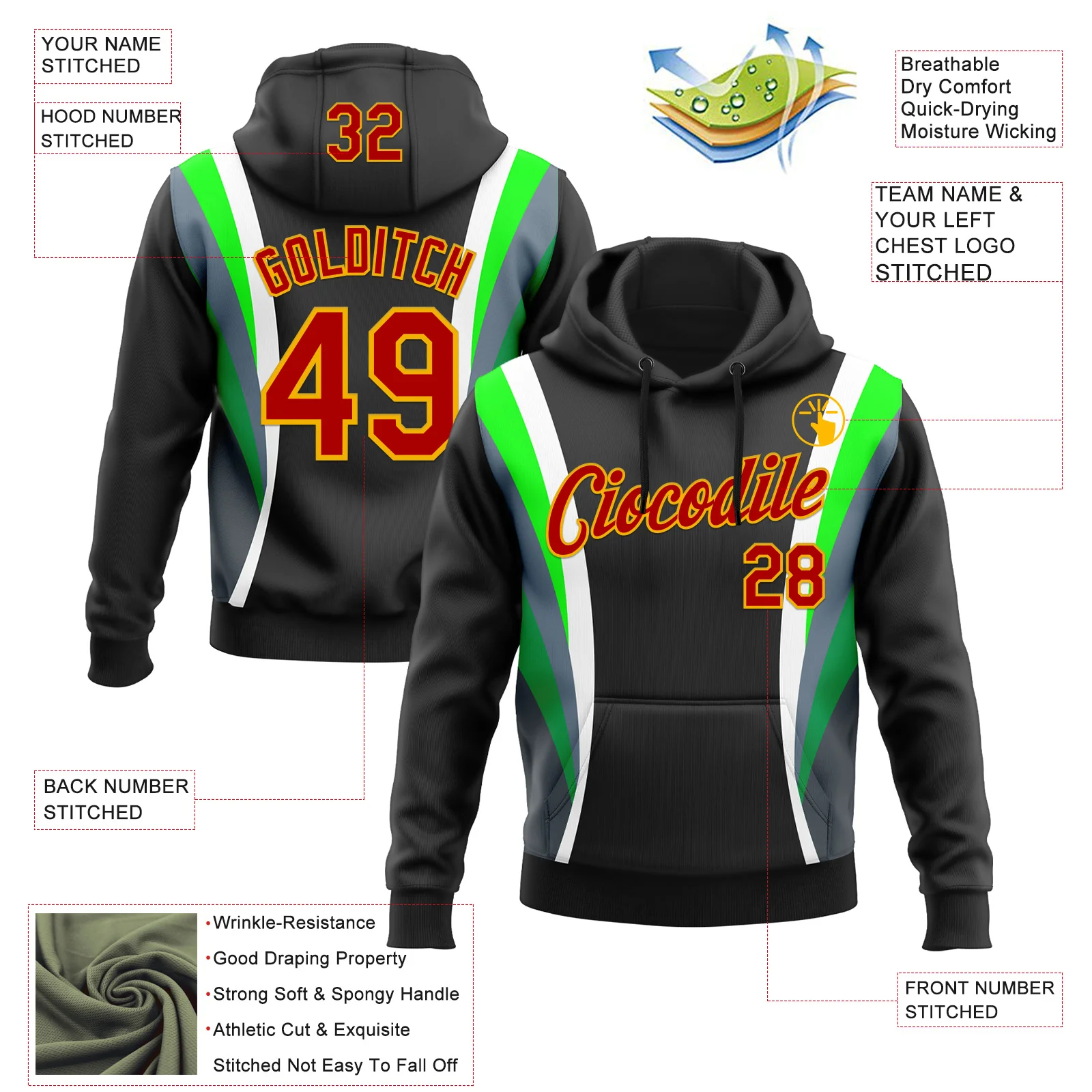 Custom Stitched Black Red White Green-Gold 3D Pattern Design Sportswear Pullover Sweatshirt Hoodie