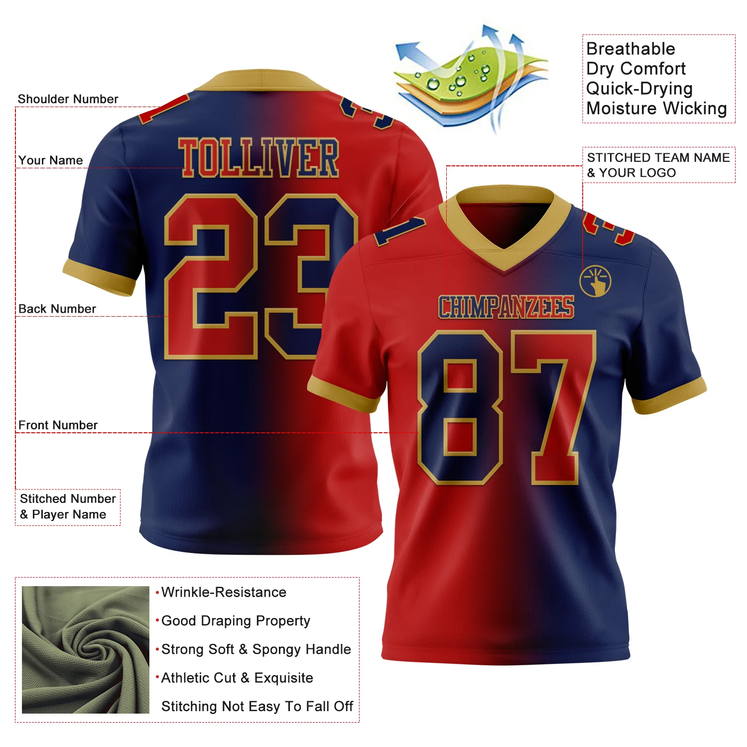 Custom Navy Red-Old Gold Authentic Gradient Fashion Football Jersey