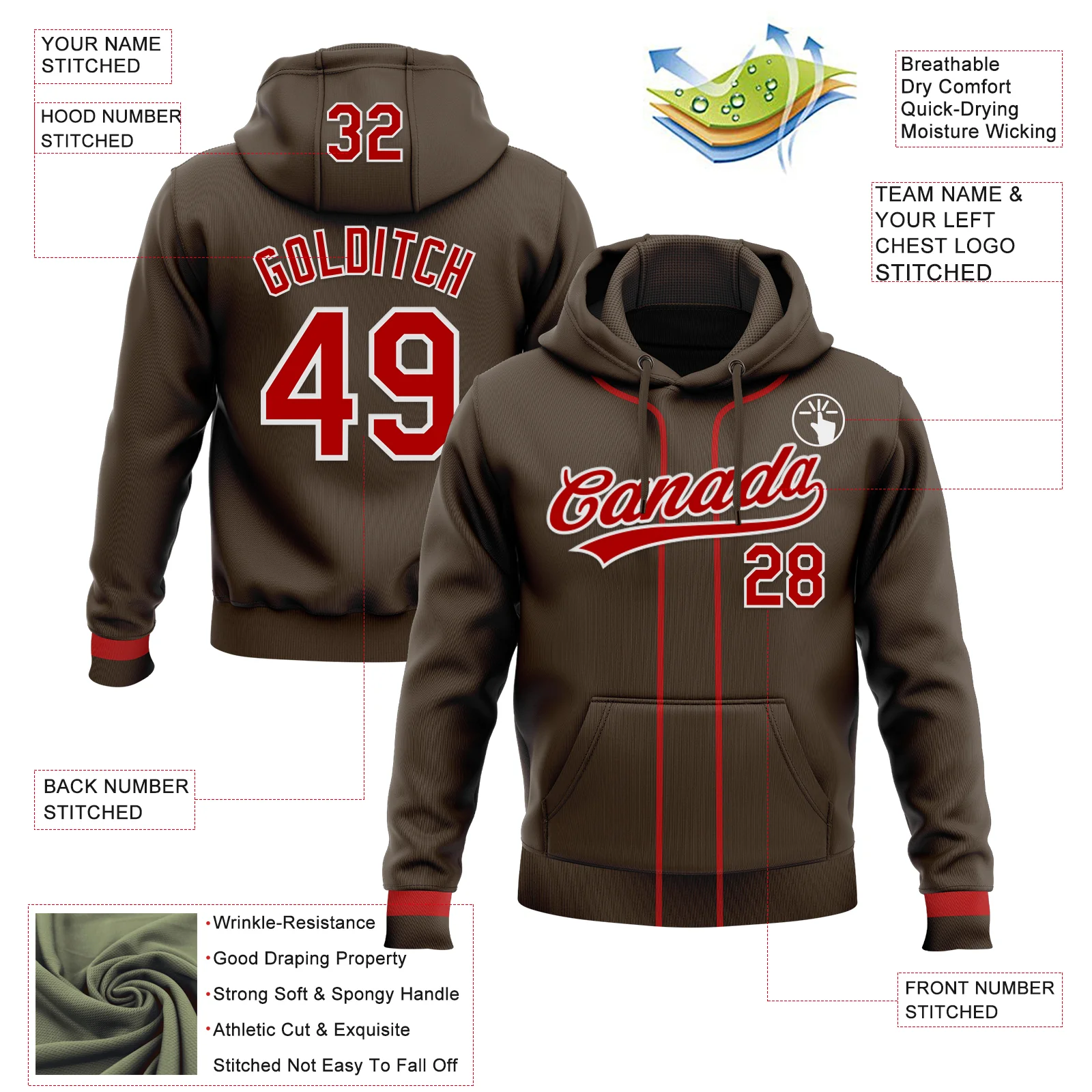 Custom Stitched Brown Red-White Baseball Pullover Sweatshirt Hoodie