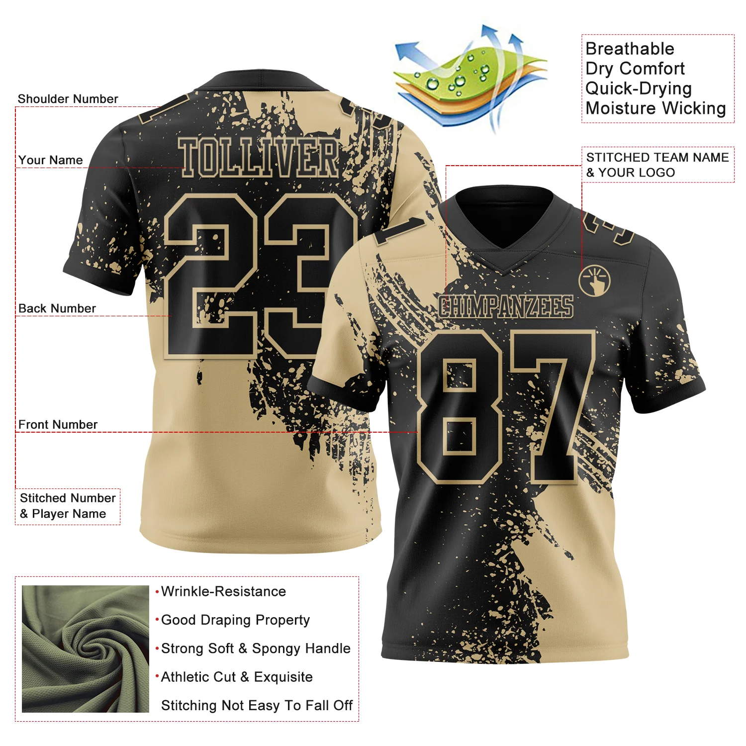 Custom Black Vegas Gold 3D Pattern Abstract Brush Stroke Authentic Football Jersey