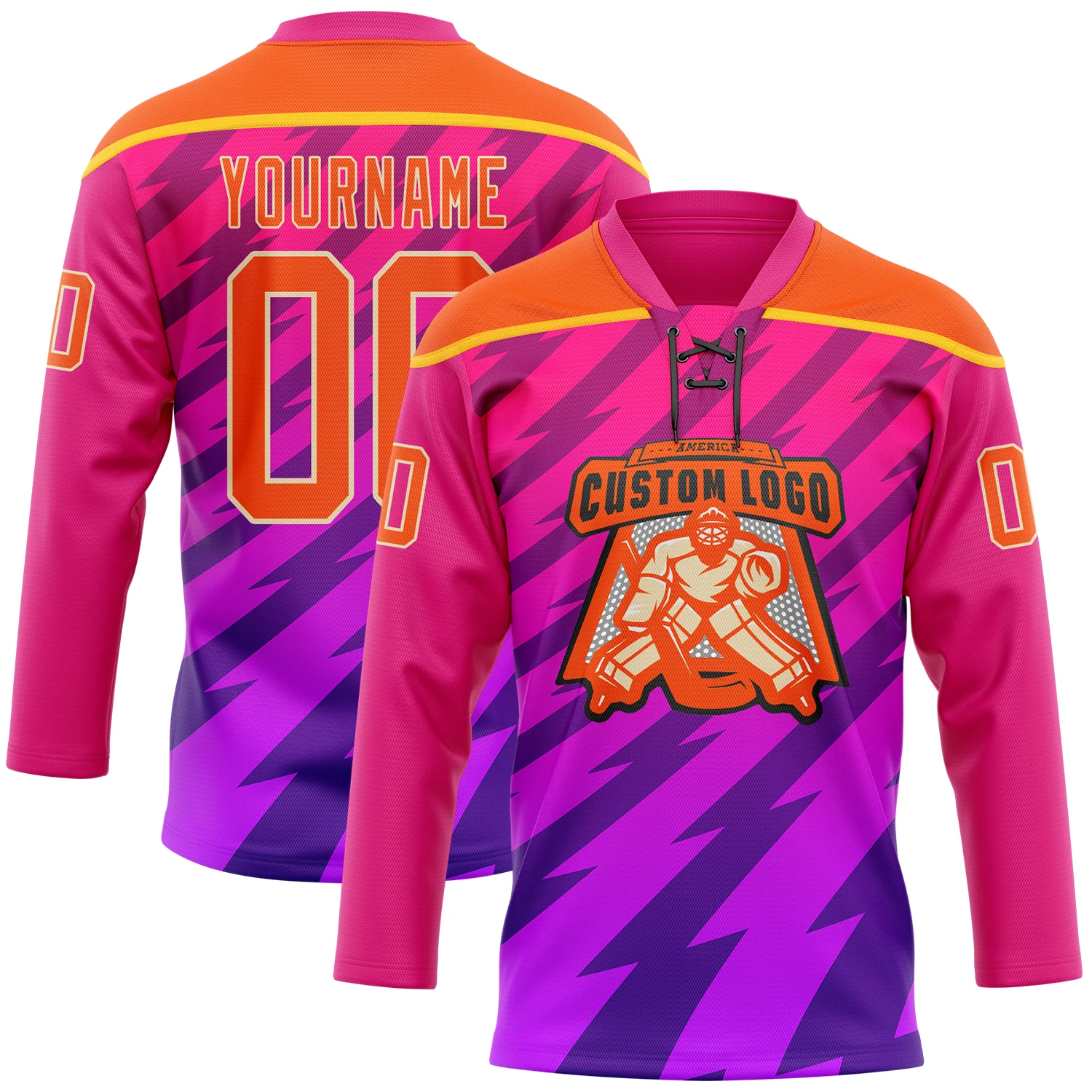 Custom Hot Pink Orange Purple Yellow-Cream 3D Pattern Abstract Gradient Halftone Hockey Lace Neck Jersey