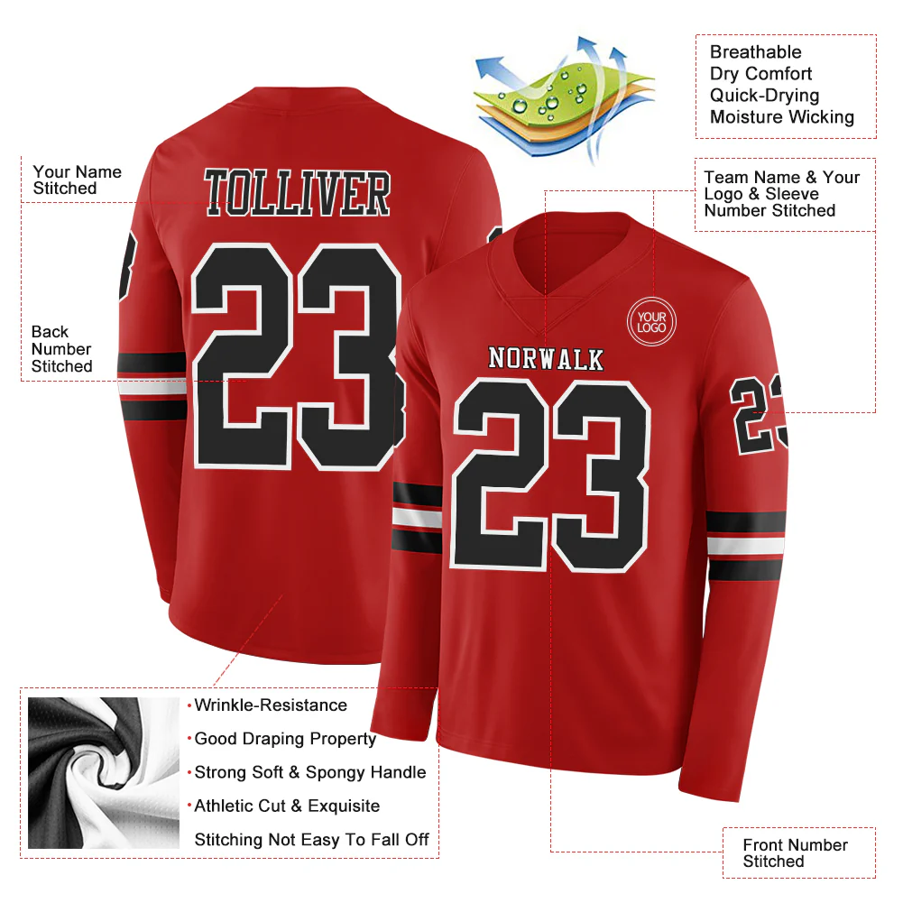 Custom Red Black-White Long Sleeve Authentic Football Jersey