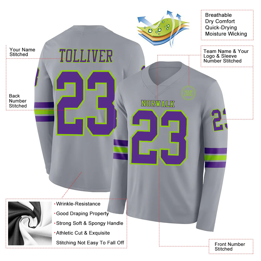 Custom Gray Purple-Neon Green Long Sleeve Authentic Football Jersey