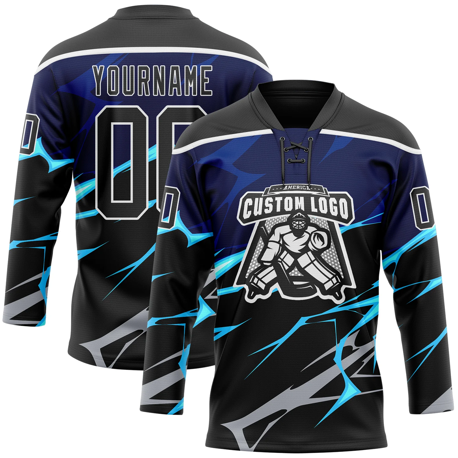 Custom Black Blue Gray-White 3D Pattern Lightning Hockey Lace Neck Jersey