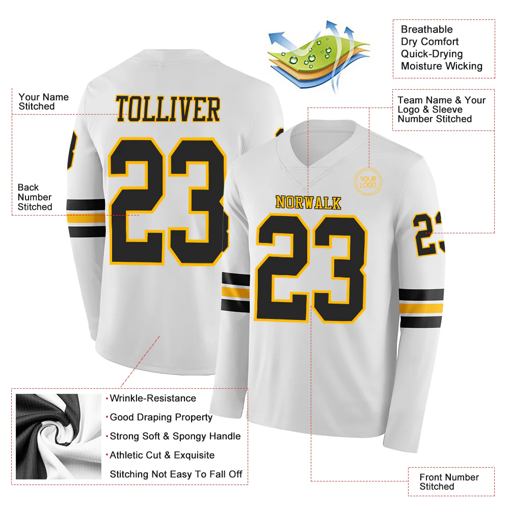 Custom White Black-Gold Long Sleeve Authentic Football Jersey