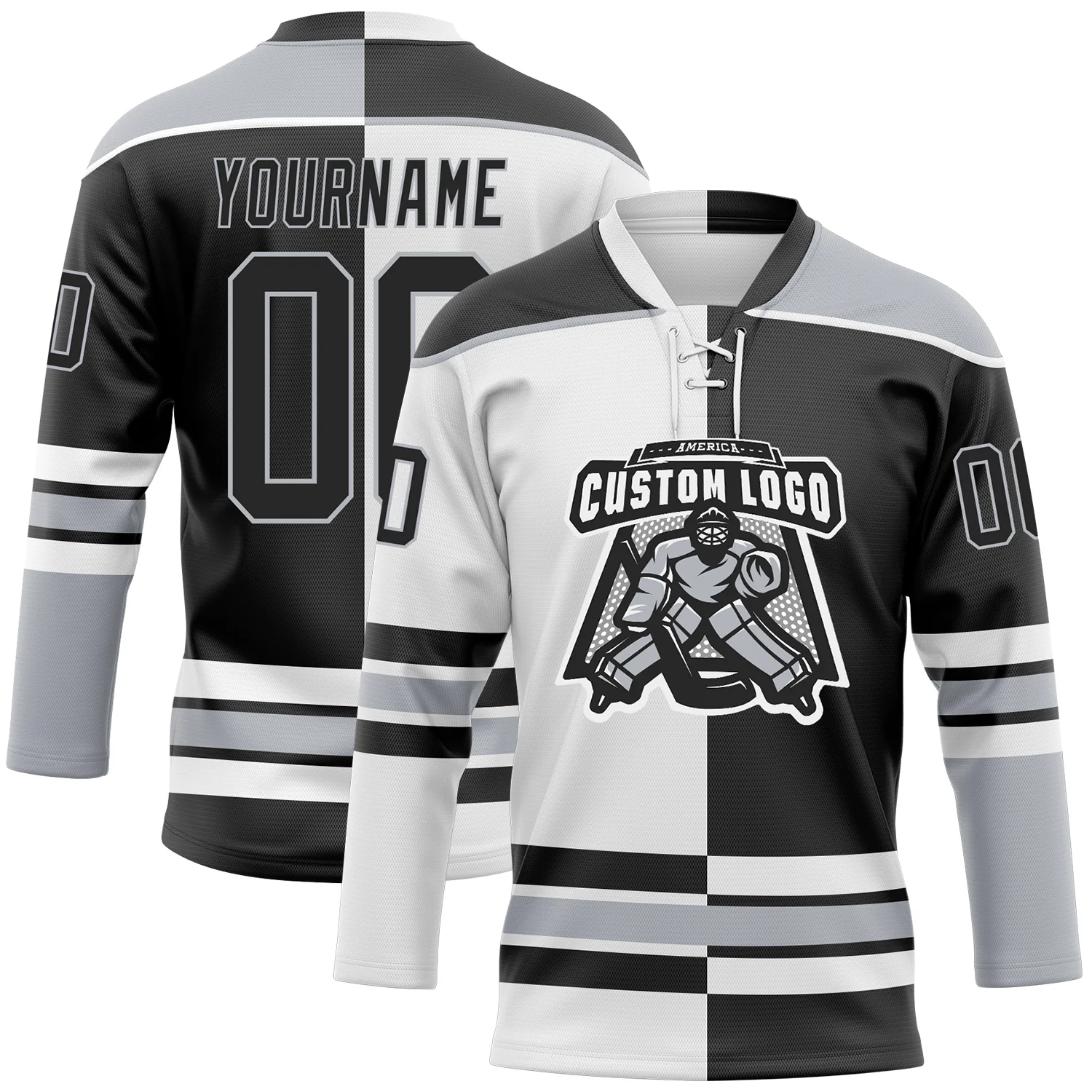 Custom Black Gray-White Split Fashion Hockey Lace Neck Jersey