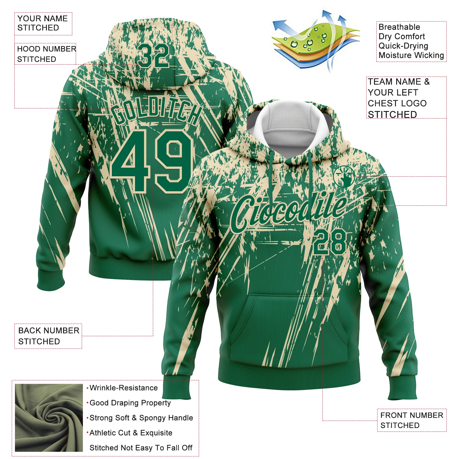 Custom Stitched Kelly Green Cream 3D Pattern Design Splash Grunge Art Sports Pullover Sweatshirt Hoodie