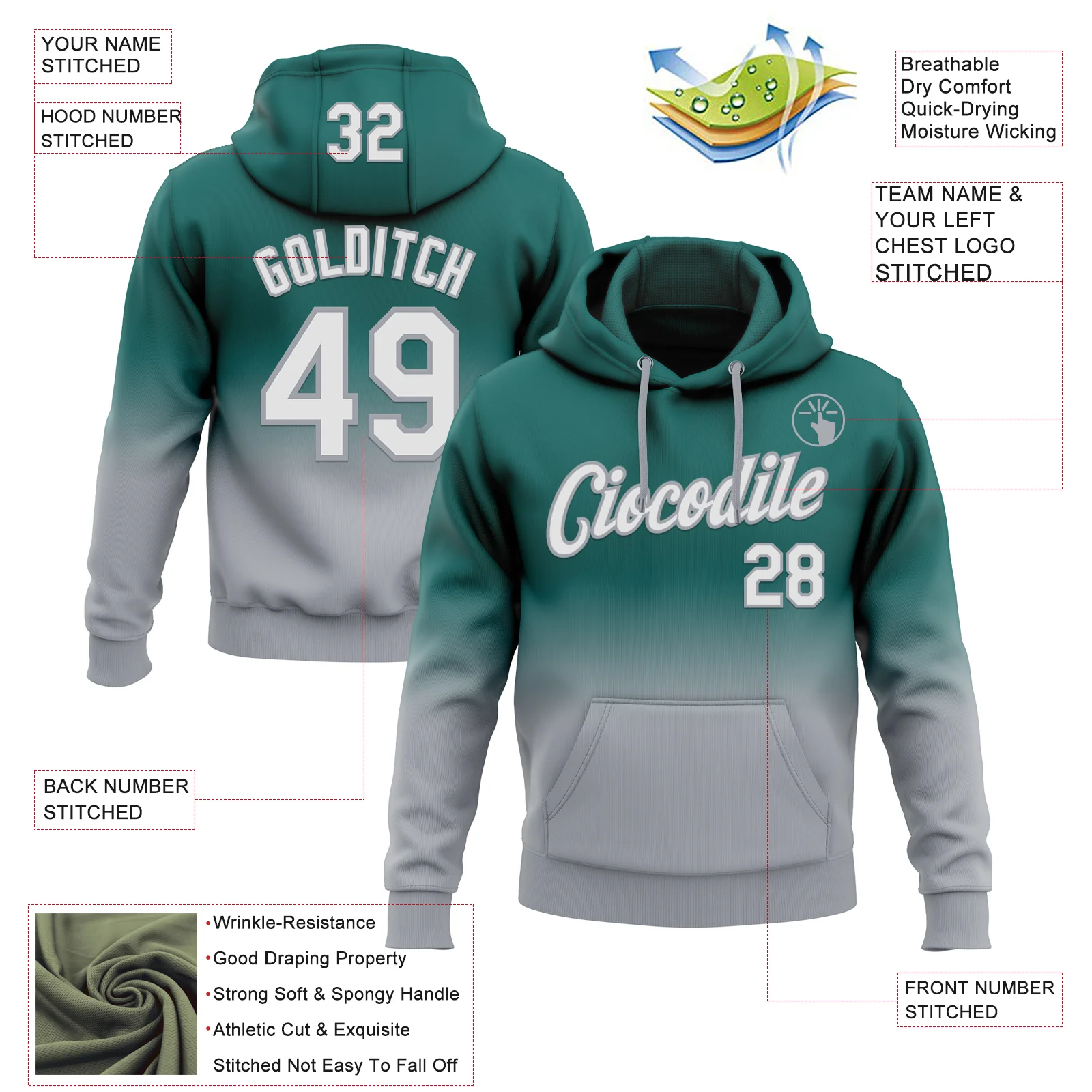 Custom Stitched Midnight Green White-Gray Fade Fashion Sports Pullover Sweatshirt Hoodie