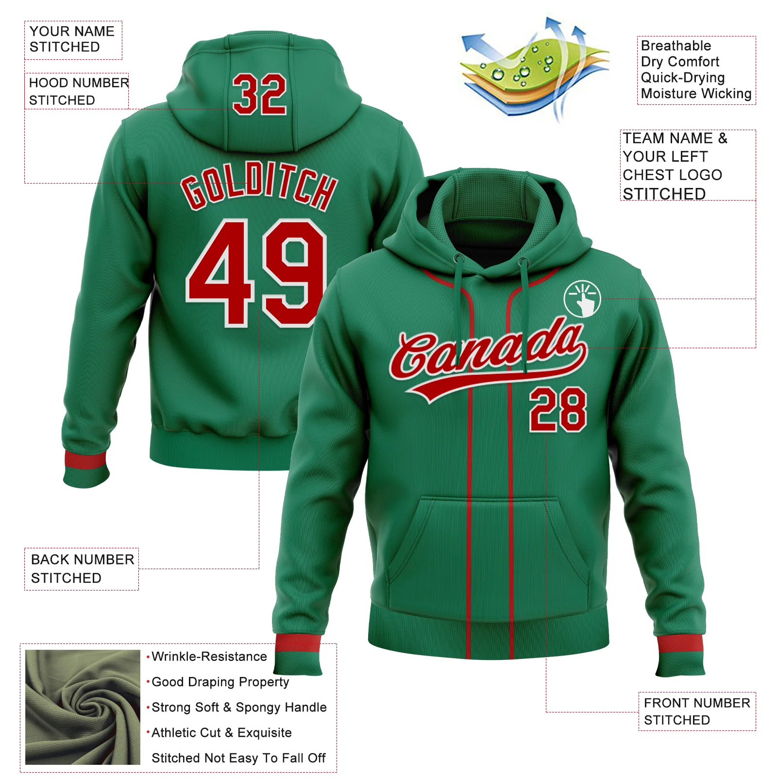 Custom Stitched Kelly Green Red-White Baseball Pullover Sweatshirt Hoodie