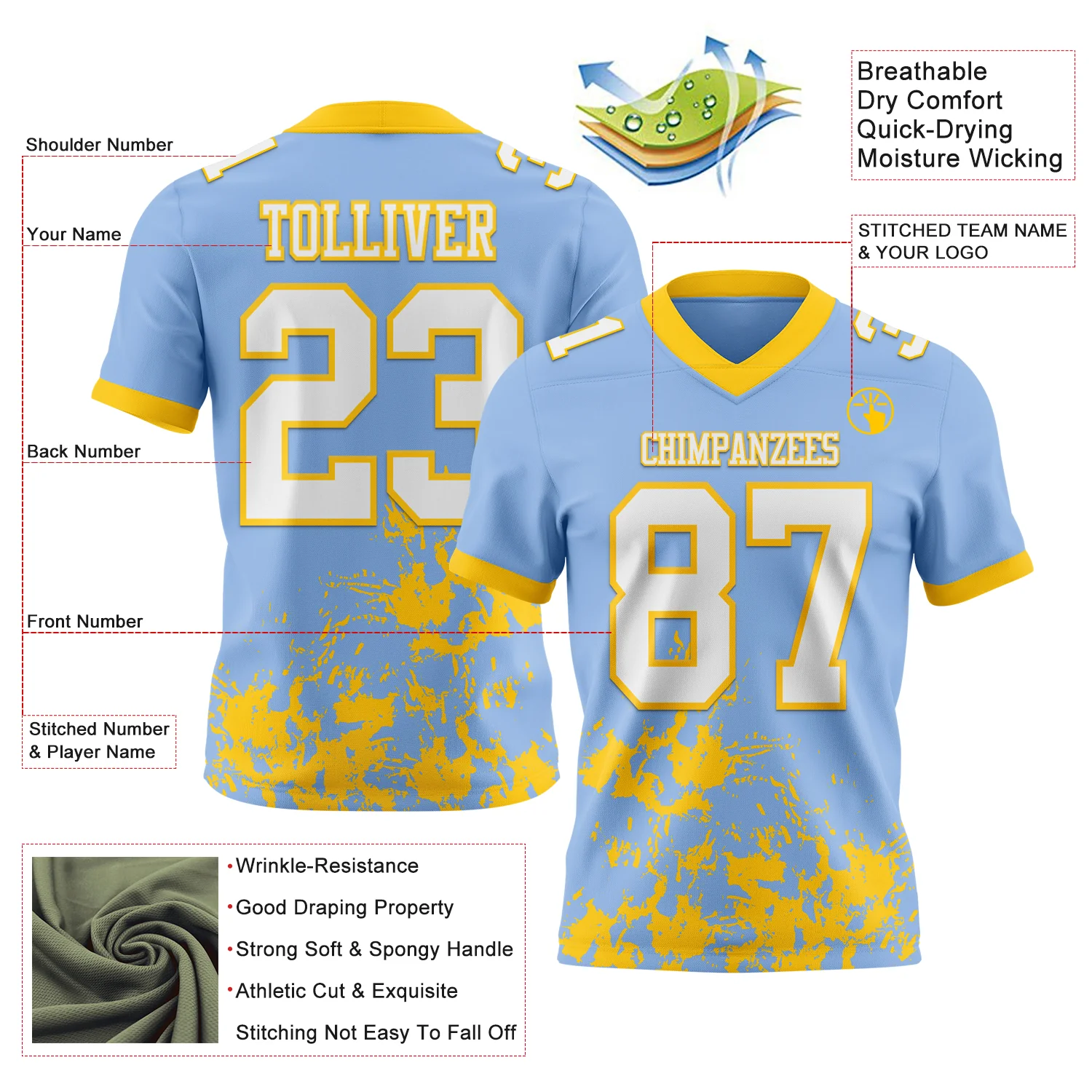 Custom Light Blue White-Yellow 3D Pattern Splash Authentic Football Jersey