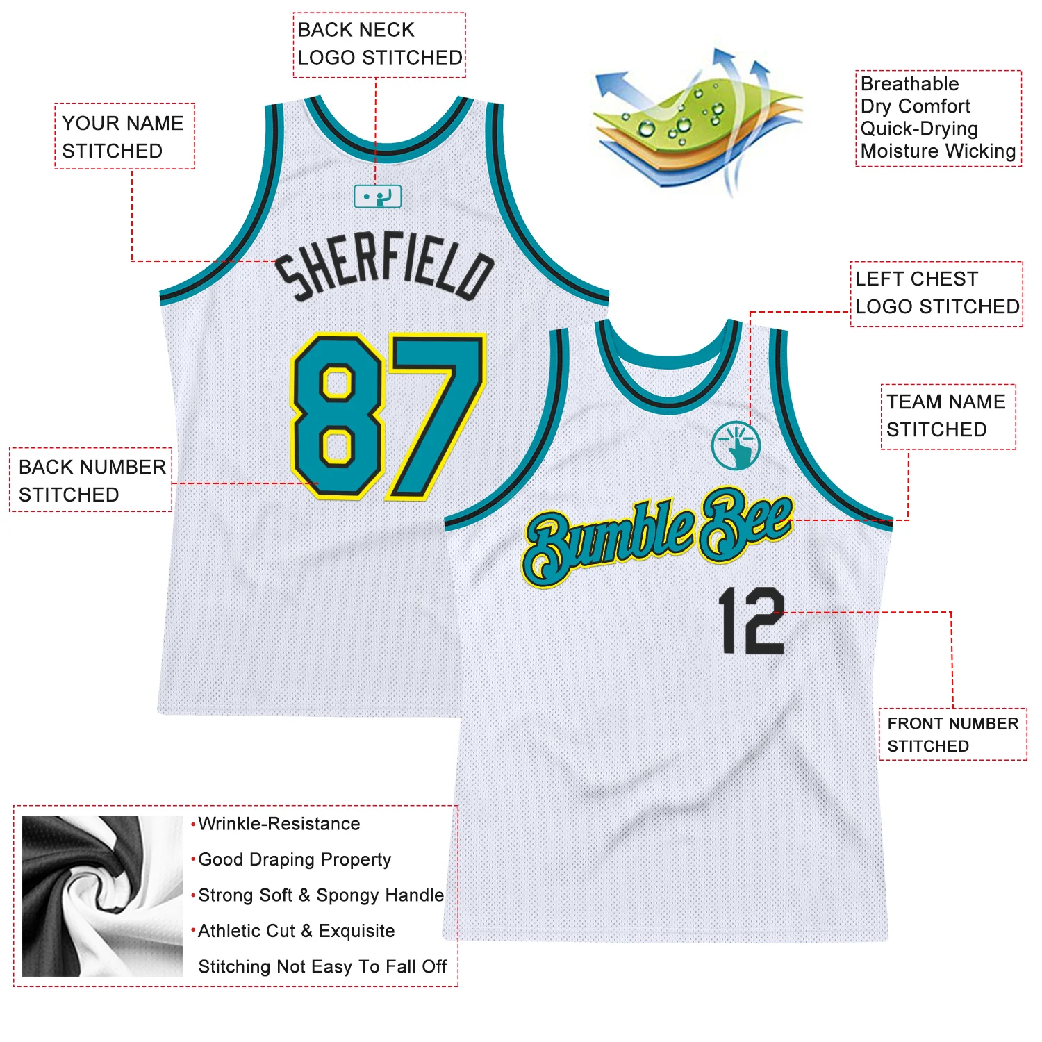 Custom White Teal Black-Light Yellow Authentic Throwback Basketball Jersey