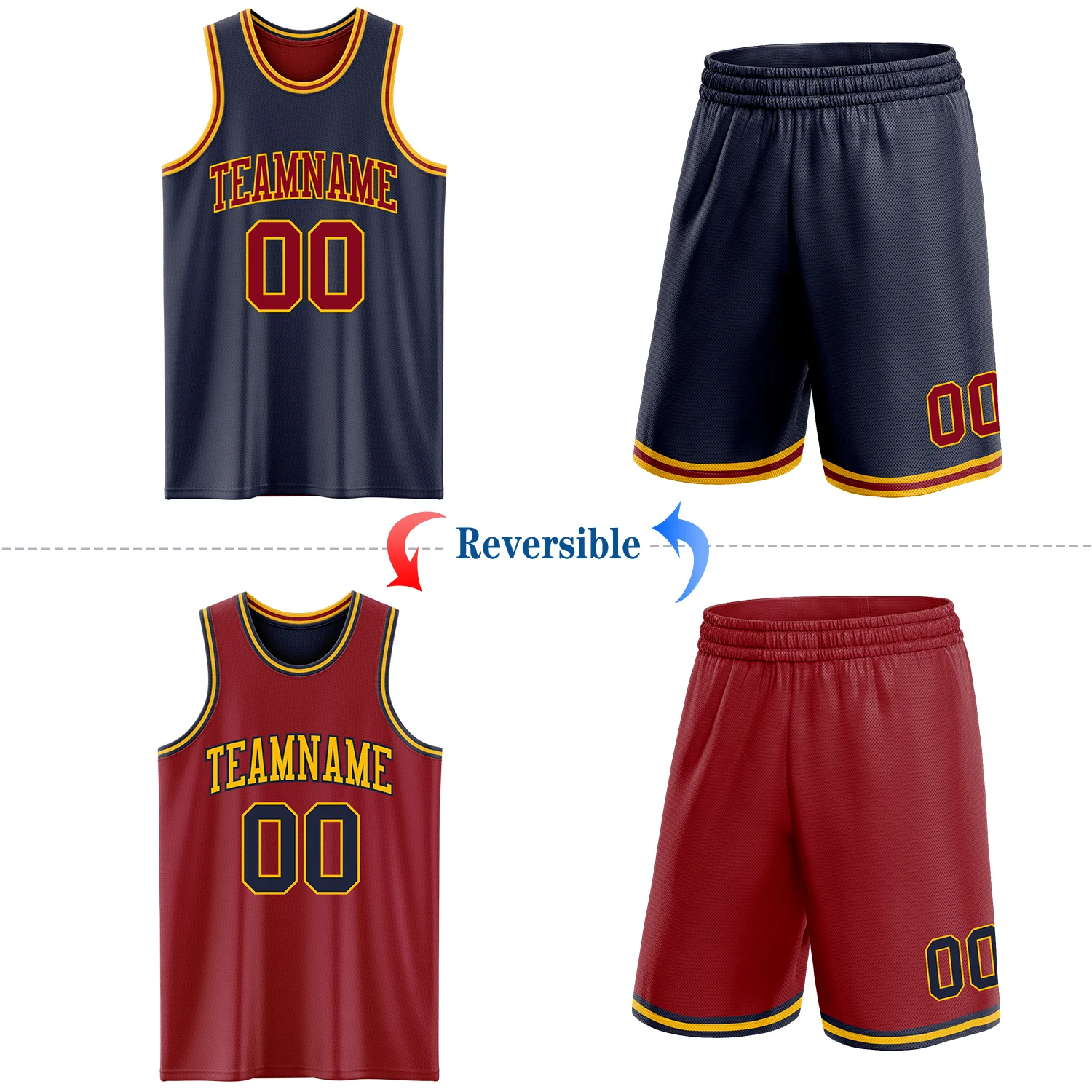 Custom Reversible Navy Maroon-Gold Double Side Sublimation Basketball Suit Jersey