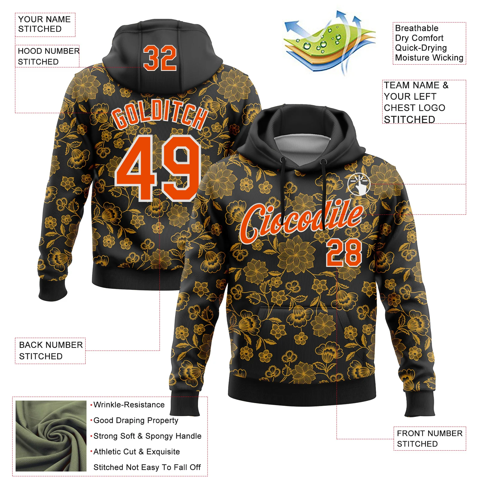 Custom Stitched Black Orange-White 3D Pattern Design Golden Subtle Floral Sports Pullover Sweatshirt Hoodie