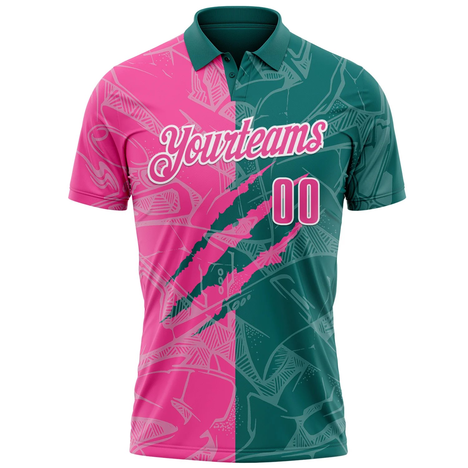 Custom Graffiti Pattern Pink Teal-White 3D Scratch Performance Polo Shirt