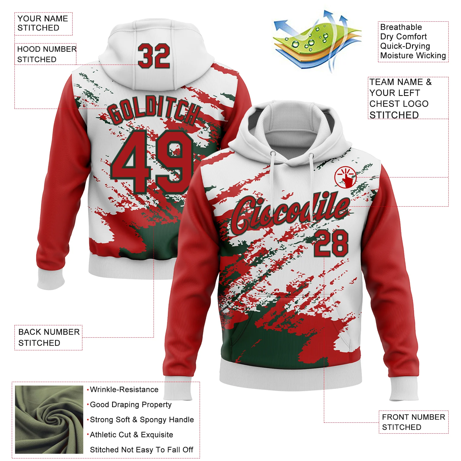 Custom Stitched White Red-Green 3D Pattern Design Abstract Fragment Art Splash Sports Pullover Sweatshirt Hoodie