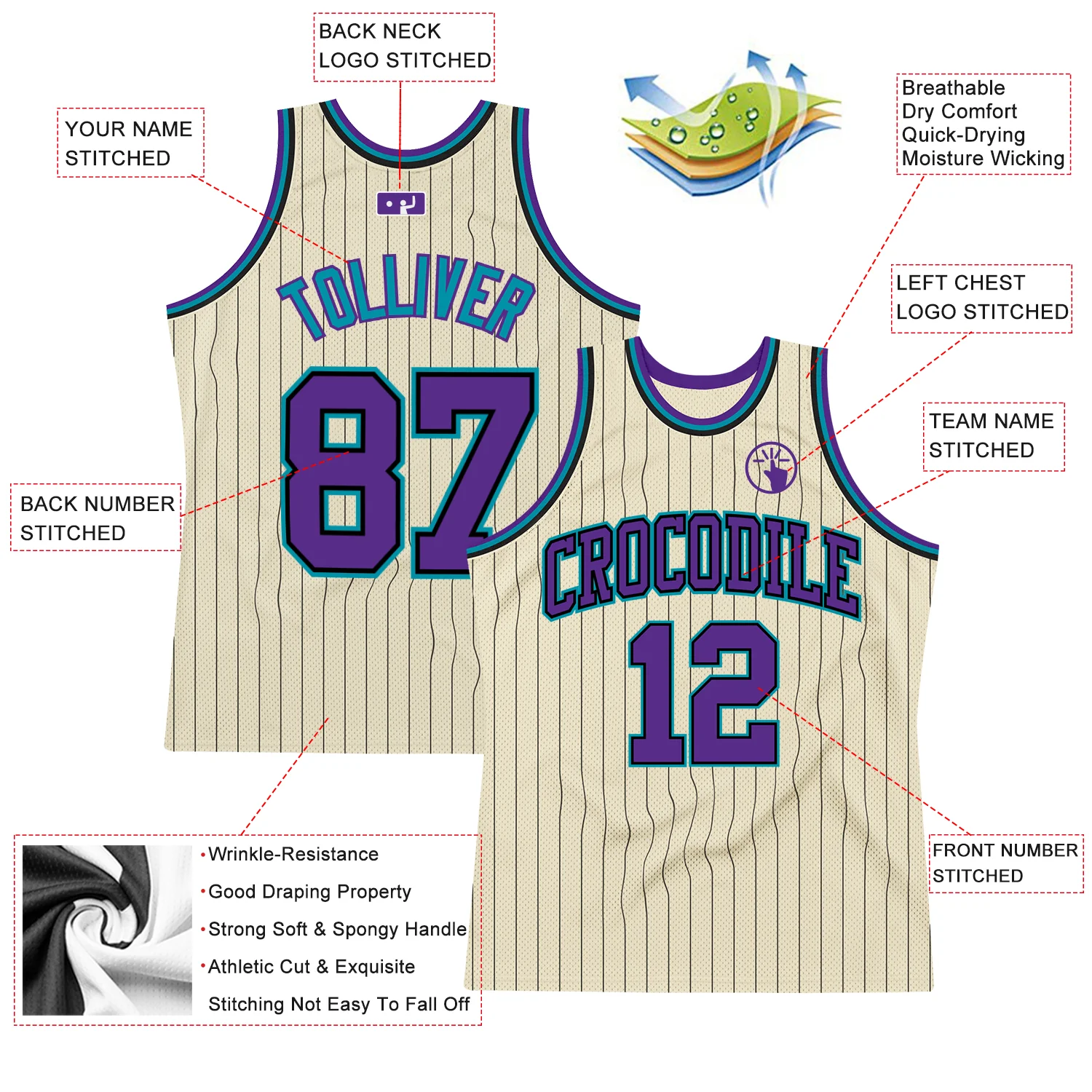 Custom Cream Black Pinstripe Purple-Teal Authentic Basketball Jersey