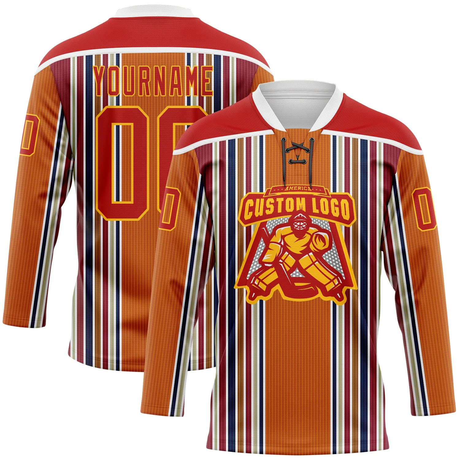 Custom Orange Red Blue Gold-White 3D Pattern Design Stripe Hockey Lace Neck Jersey