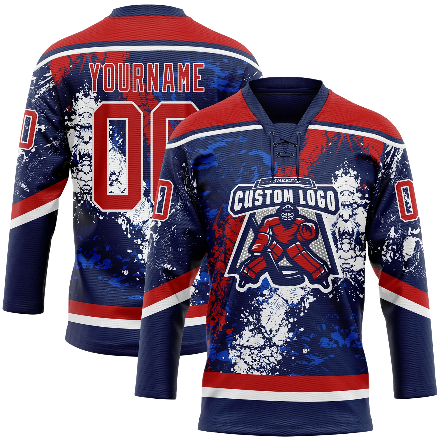 Custom Navy Red Thunder Blue-White 3D Splash Art Hockey Lace Neck Jersey